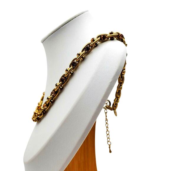 Kiam Gold Tone Brown Topaz Crystal Chain Necklace Designer Elegant Links Retro - Picture 3 of 7